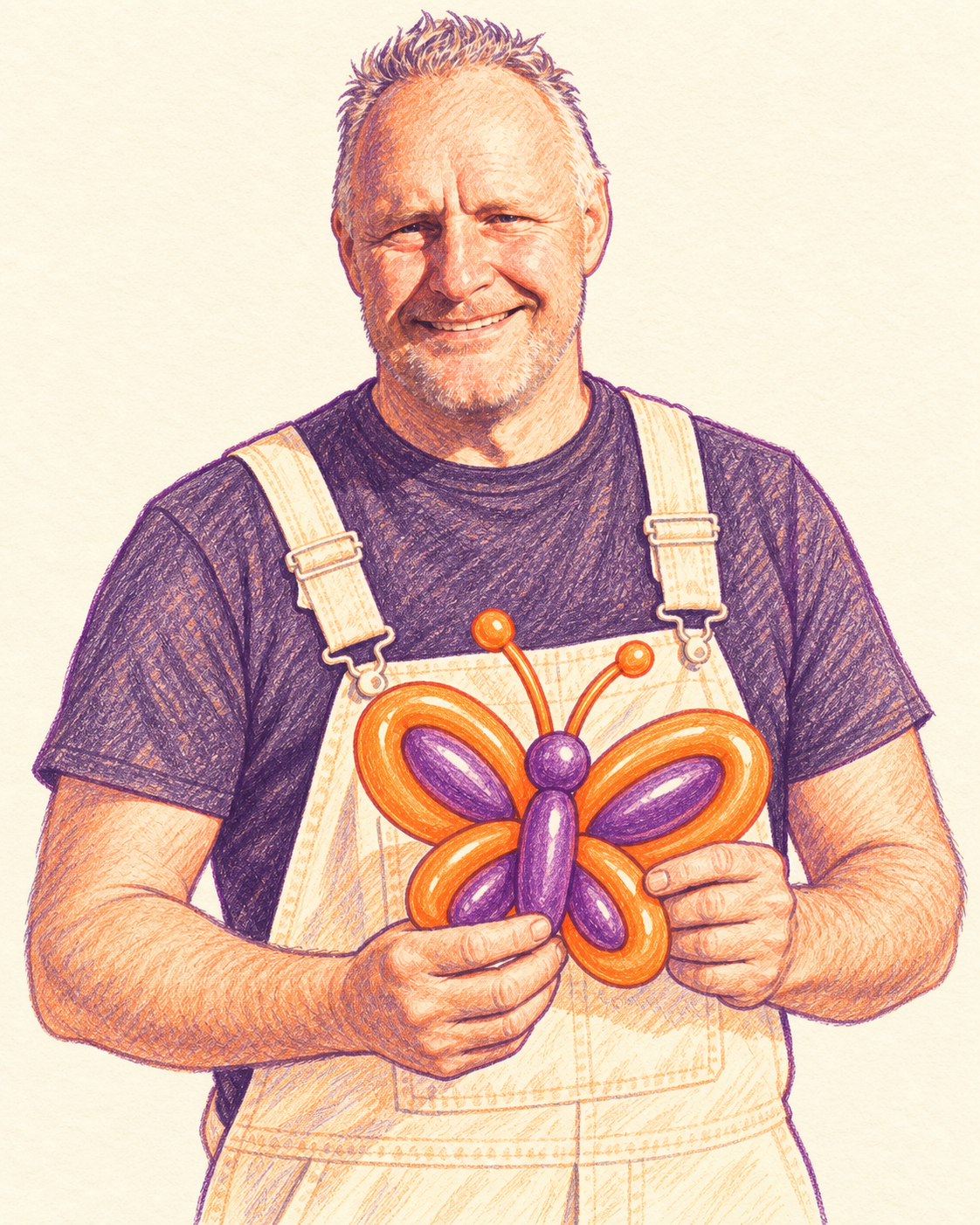 Pencil illustration of the smiling owner of Flowballoons with a balloon butterfly